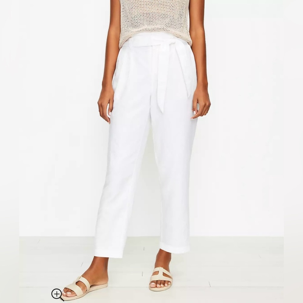 LOFT womens Medium Petite Paperbag Pull On Pants Linen Blend white